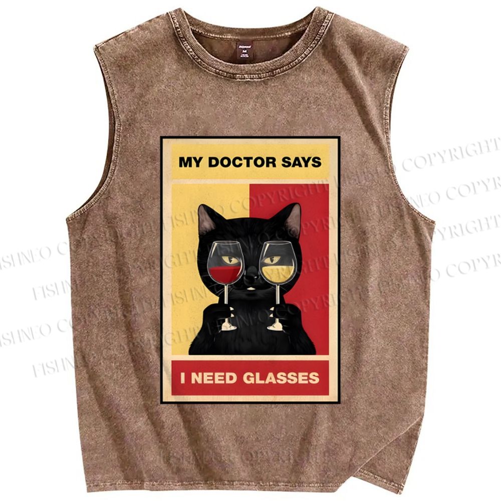 Unisex Black Cat Needs Glasses Printed Washed Tank Top