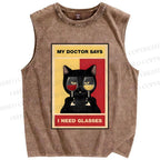 Unisex Black Cat Needs Glasses Printed Washed Tank Top