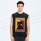 Unisex Black Cat Needs Glasses Printed Washed Tank Top