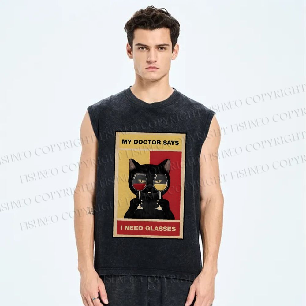 Unisex Black Cat Needs Glasses Printed Washed Tank Top