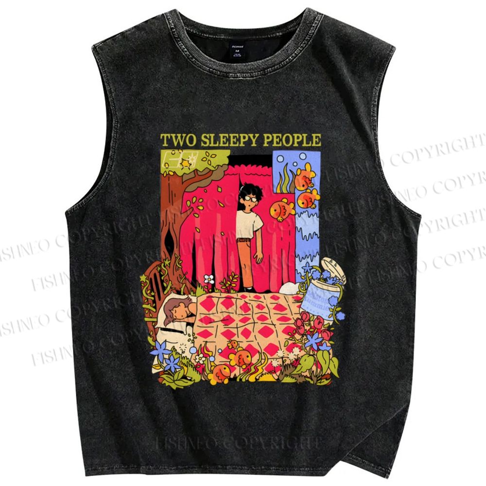 Unisex Two Sleepy People Graffiti Printed Washed Tank Top