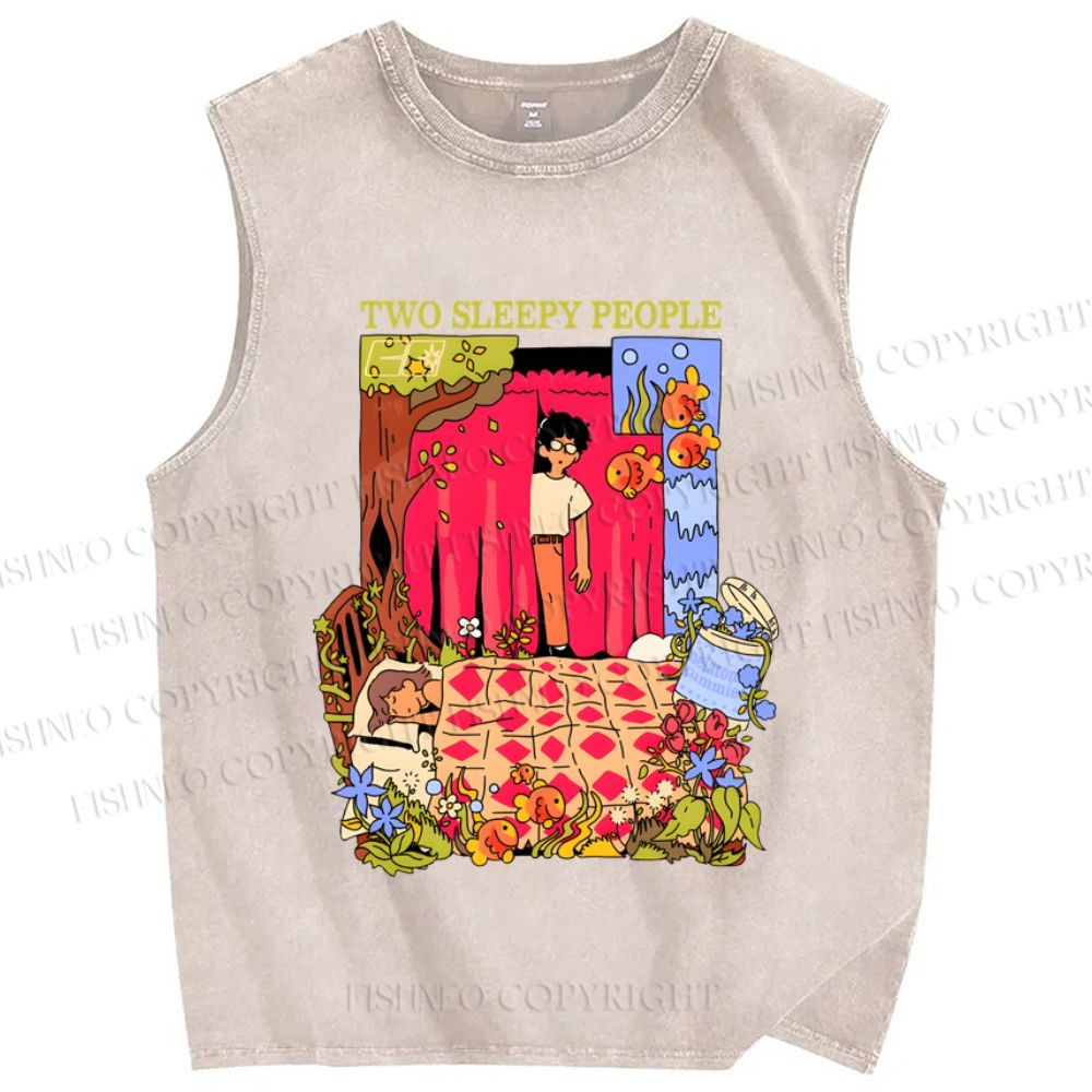 Unisex Two Sleepy People Graffiti Printed Washed Tank Top