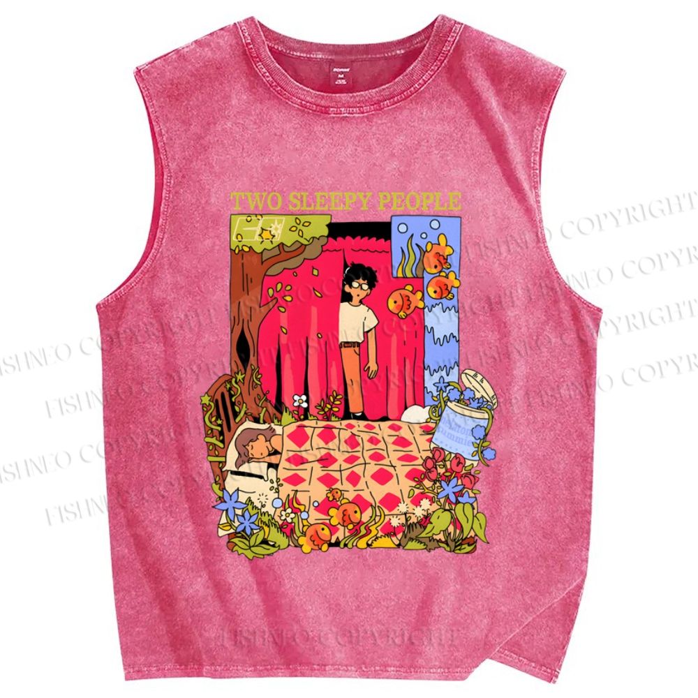 Unisex Two Sleepy People Graffiti Printed Washed Tank Top