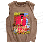 Unisex Two Sleepy People Graffiti Printed Washed Tank Top