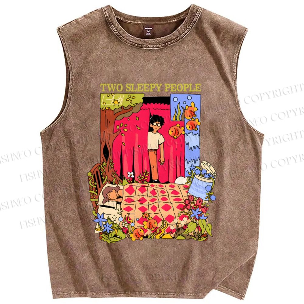 Unisex Two Sleepy People Graffiti Printed Washed Tank Top