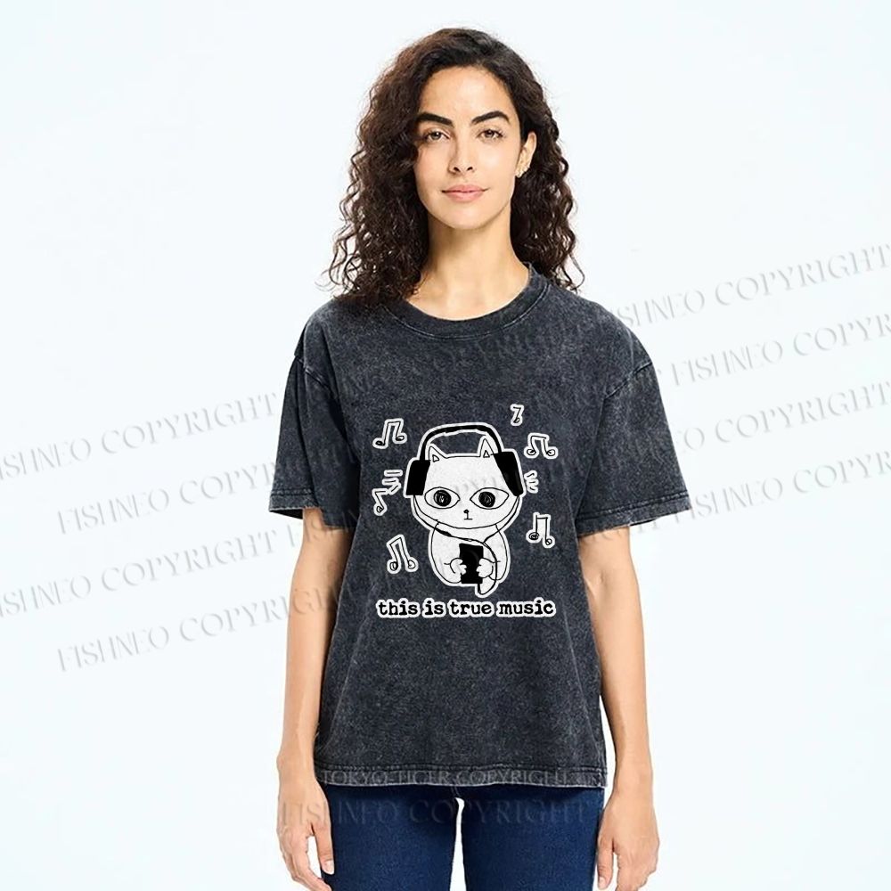Unisex meme Cat This is True Music Printed Washed Tee