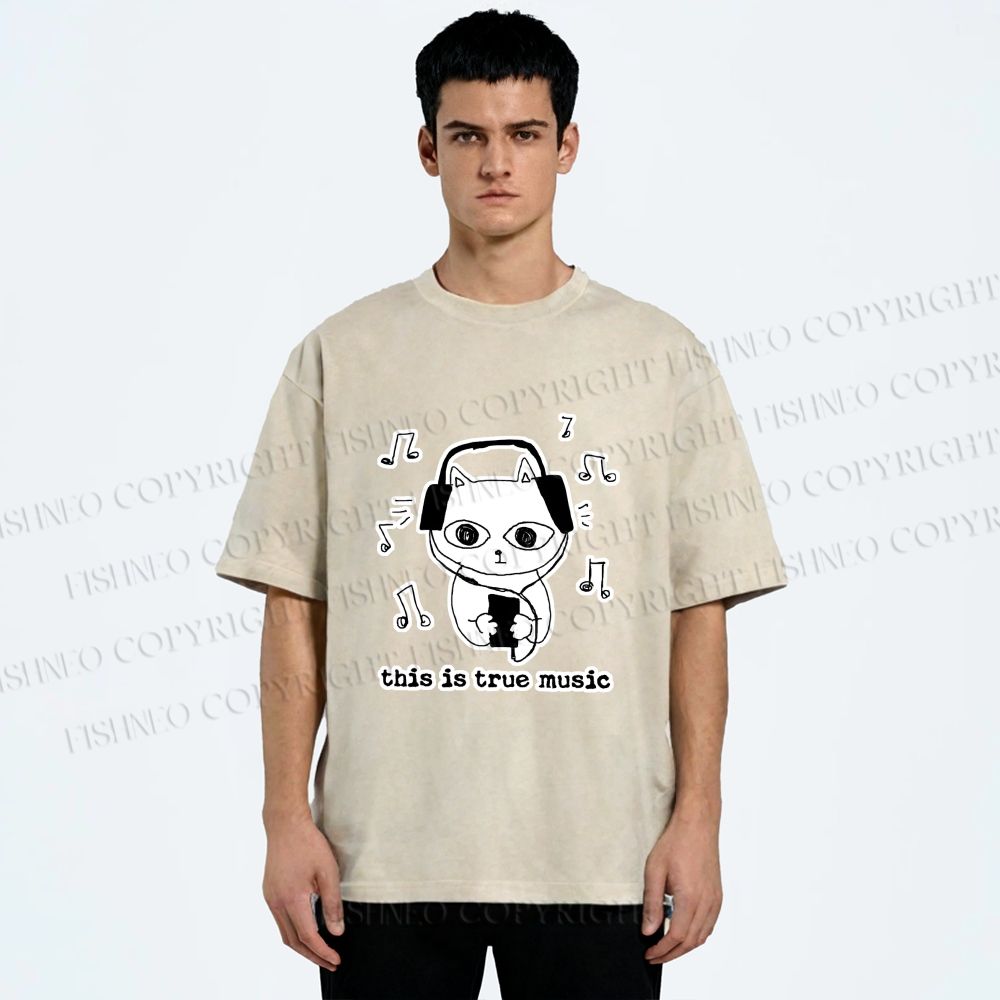 Unisex meme Cat This is True Music Printed Washed Tee