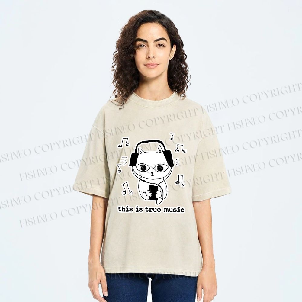 Unisex meme Cat This is True Music Printed Washed Tee