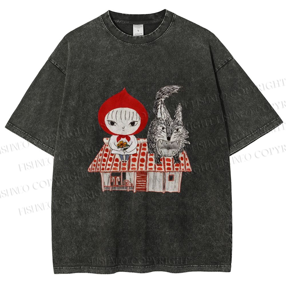 Unisex Little Red Riding Hood With Wolf Graffiti Printed Washed Tee