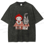 Unisex Little Red Riding Hood With Wolf Graffiti Printed Washed Tee