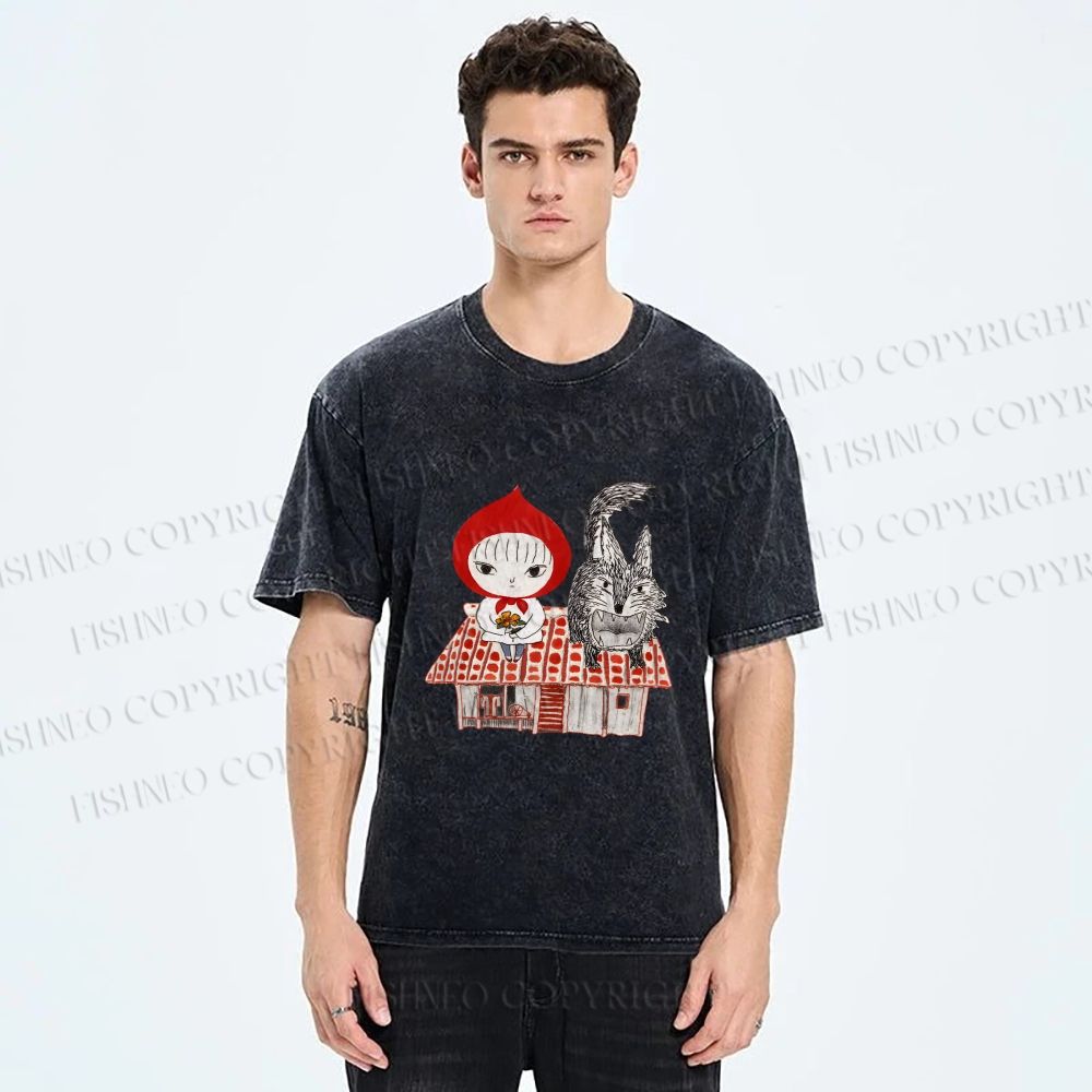 Unisex Little Red Riding Hood With Wolf Graffiti Printed Washed Tee
