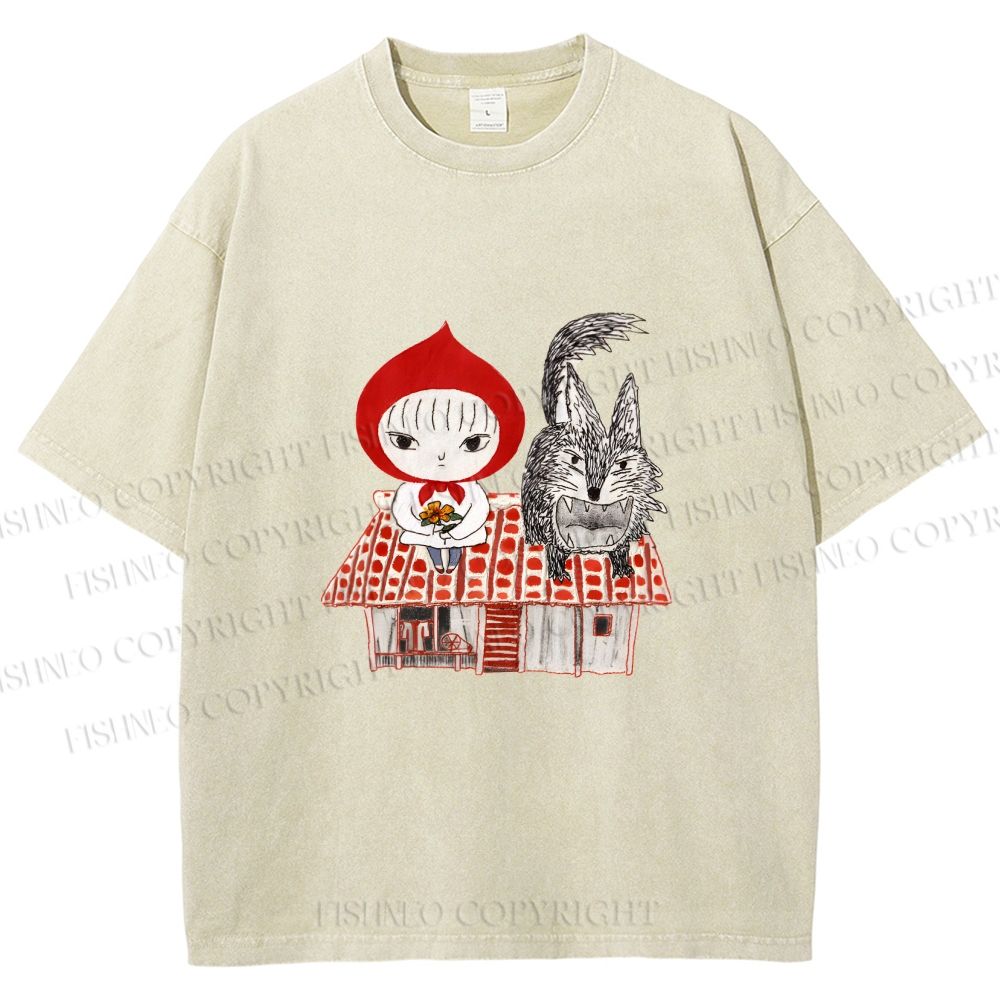 Unisex Little Red Riding Hood With Wolf Graffiti Printed Washed Tee
