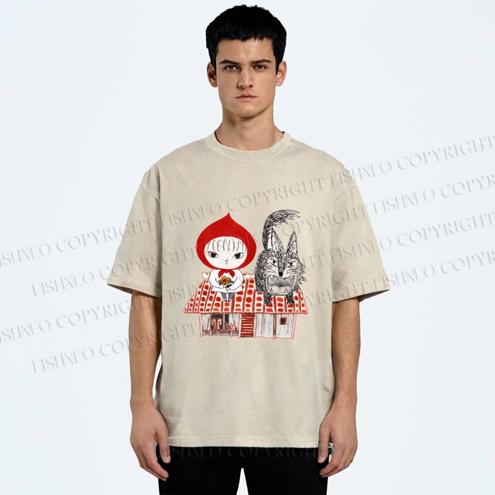 Unisex Little Red Riding Hood With Wolf Graffiti Printed Washed Tee