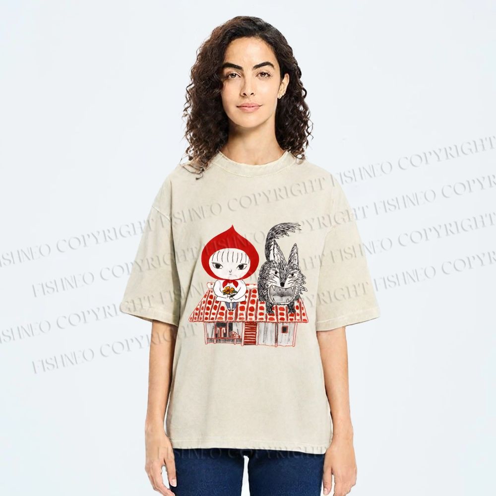 Unisex Little Red Riding Hood With Wolf Graffiti Printed Washed Tee