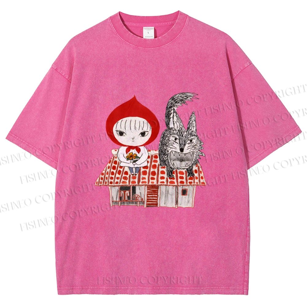 Unisex Little Red Riding Hood With Wolf Graffiti Printed Washed Tee