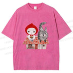 Unisex Little Red Riding Hood With Wolf Graffiti Printed Washed Tee