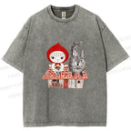 Unisex Little Red Riding Hood With Wolf Graffiti Printed Washed Tee