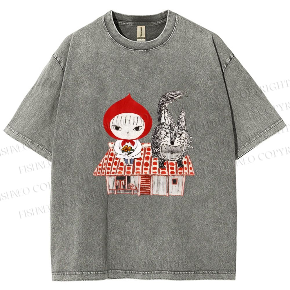 Unisex Little Red Riding Hood With Wolf Graffiti Printed Washed Tee