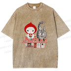 Unisex Little Red Riding Hood With Wolf Graffiti Printed Washed Tee