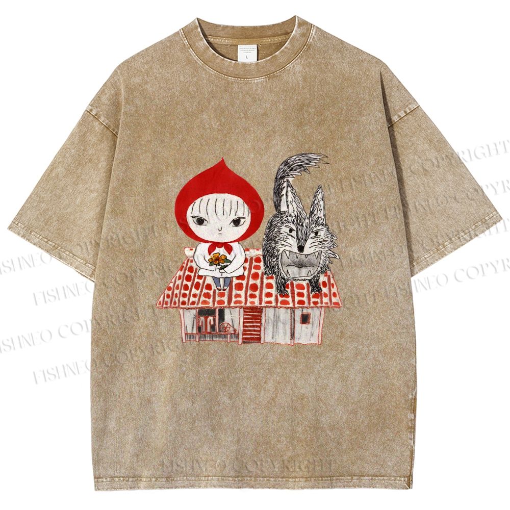 Unisex Little Red Riding Hood With Wolf Graffiti Printed Washed Tee