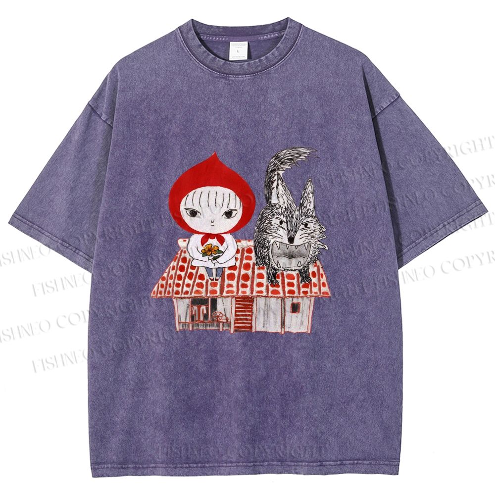 Unisex Little Red Riding Hood With Wolf Graffiti Printed Washed Tee