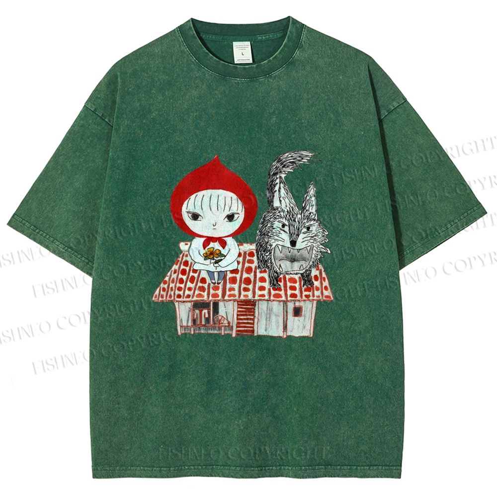 Unisex Little Red Riding Hood With Wolf Graffiti Printed Washed Tee