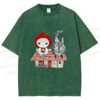 Unisex Little Red Riding Hood With Wolf Graffiti Printed Washed Tee