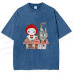 Unisex Little Red Riding Hood With Wolf Graffiti Printed Washed Tee