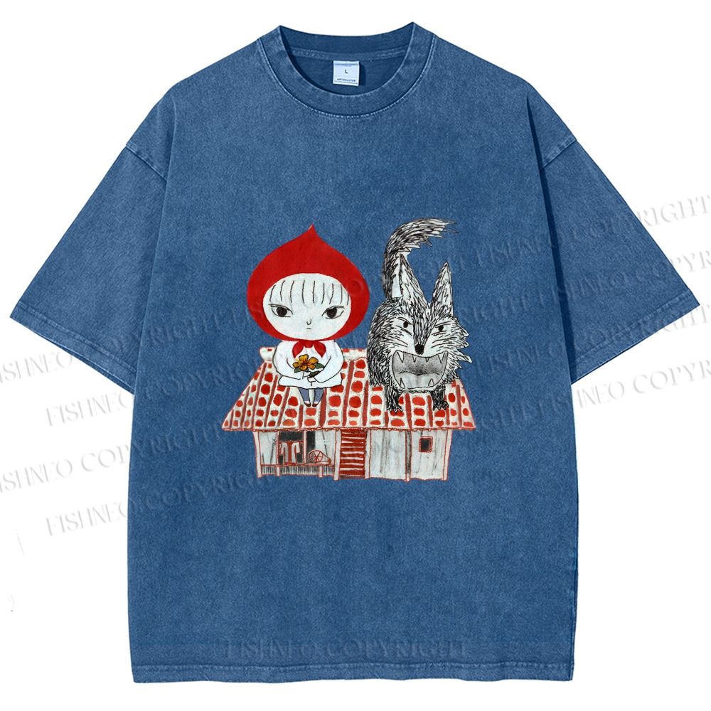 Unisex Little Red Riding Hood With Wolf Graffiti Printed Washed Tee