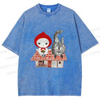 Unisex Little Red Riding Hood With Wolf Graffiti Printed Washed Tee