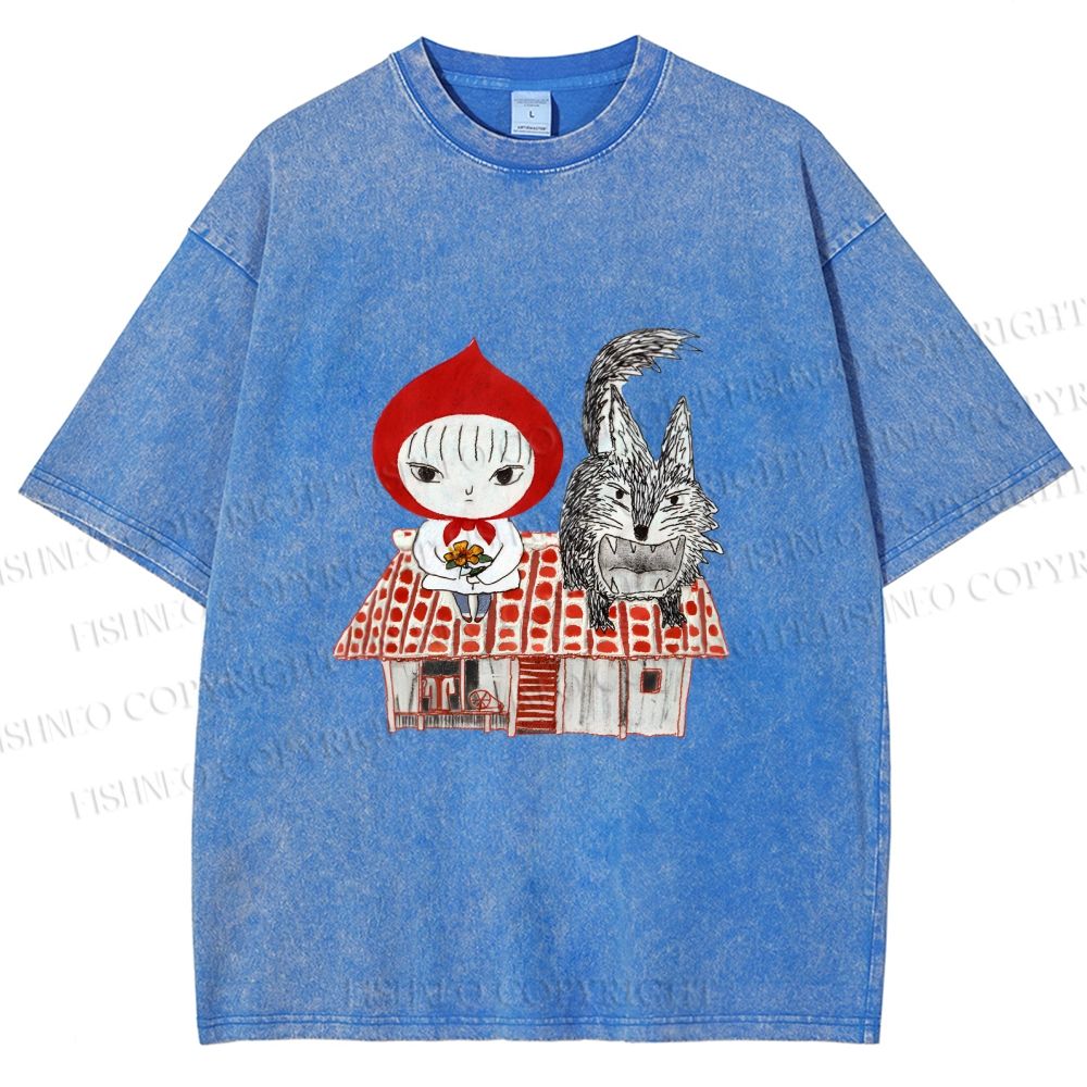 Unisex Little Red Riding Hood With Wolf Graffiti Printed Washed Tee
