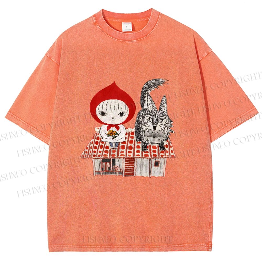 Unisex Little Red Riding Hood With Wolf Graffiti Printed Washed Tee