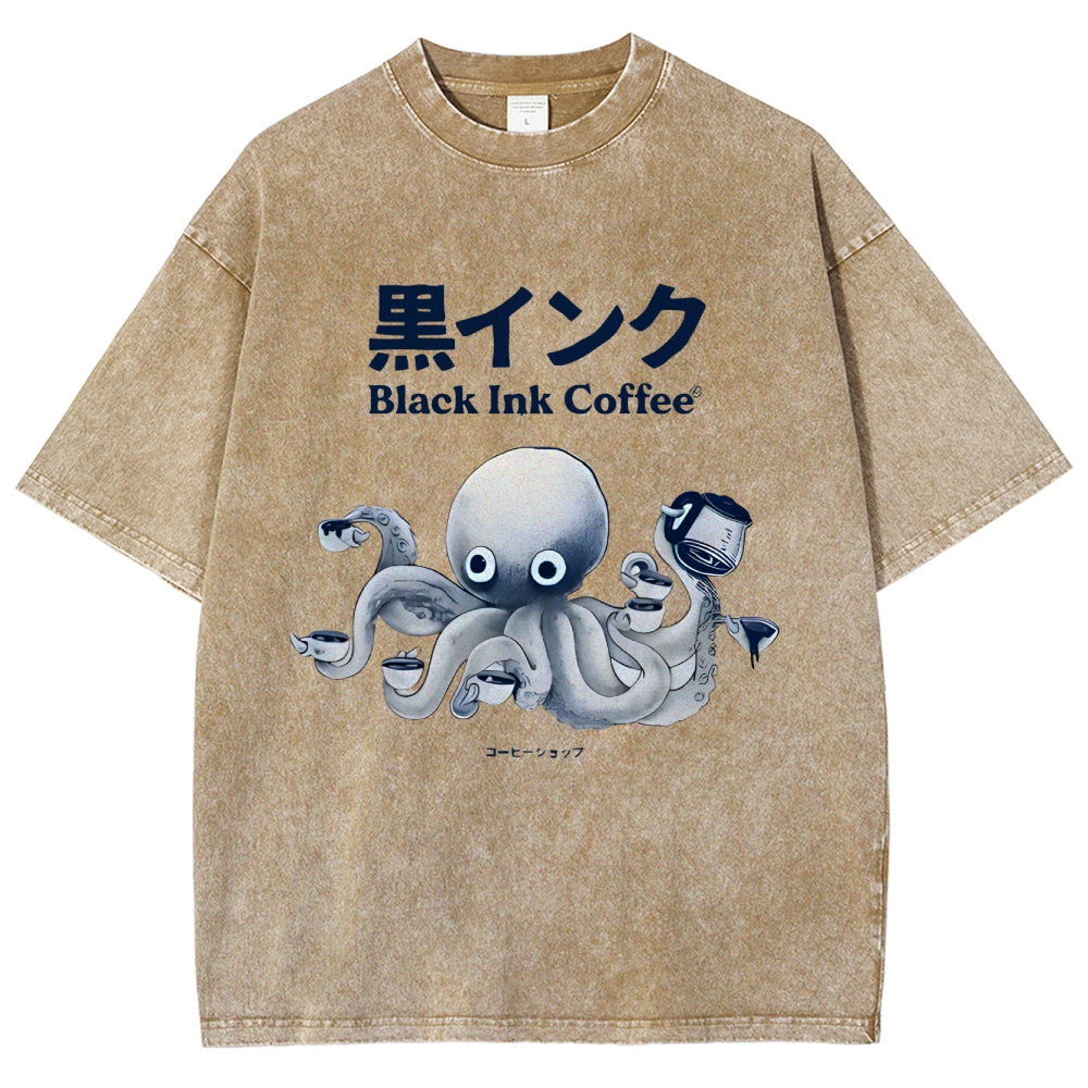 Black Ink Coffee Octopus Japan Vintage Washed T-shirt