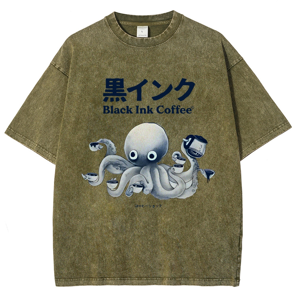 Black Ink Coffee Octopus Japan Vintage Washed T-shirt