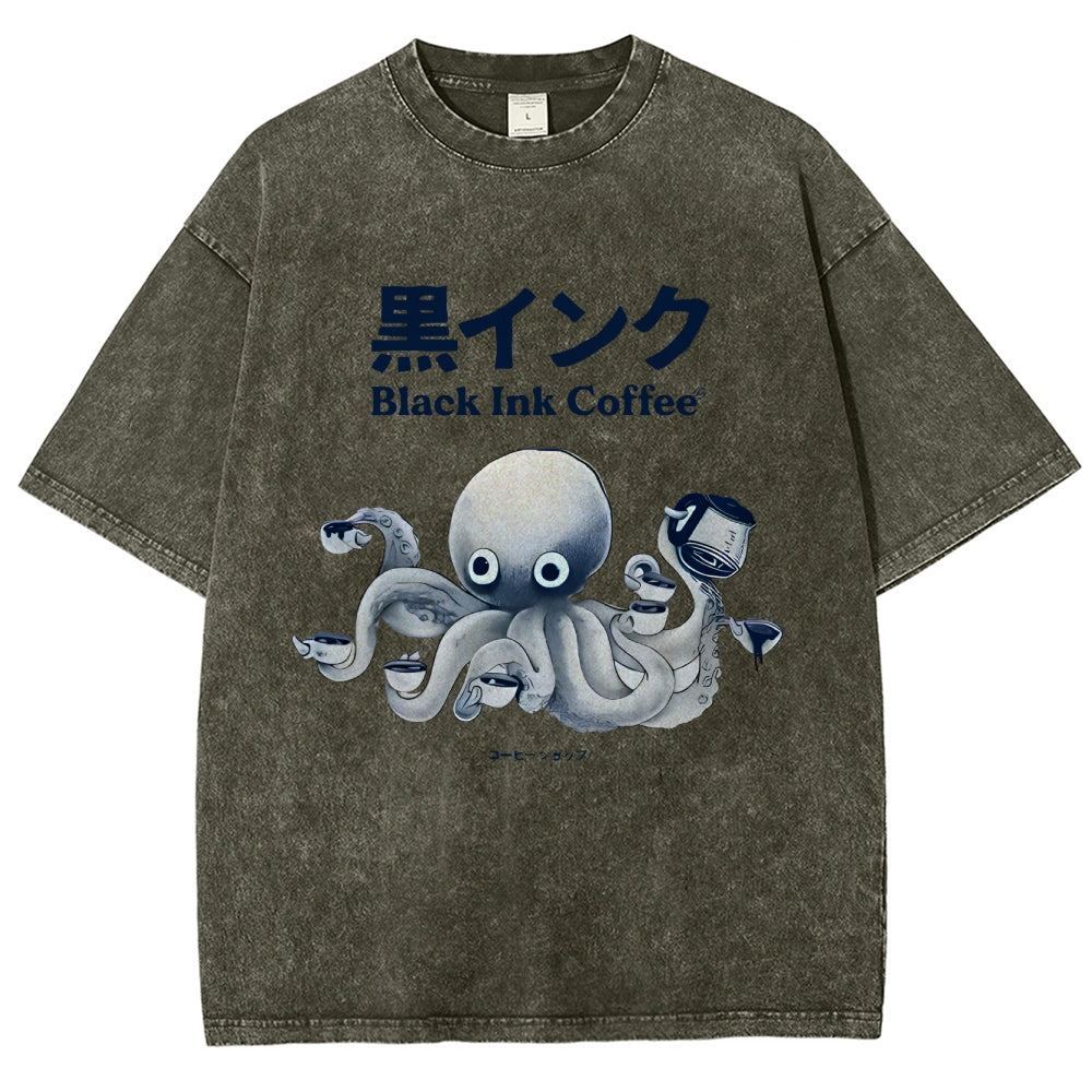 Black Ink Coffee Octopus Japan Vintage Washed T-shirt