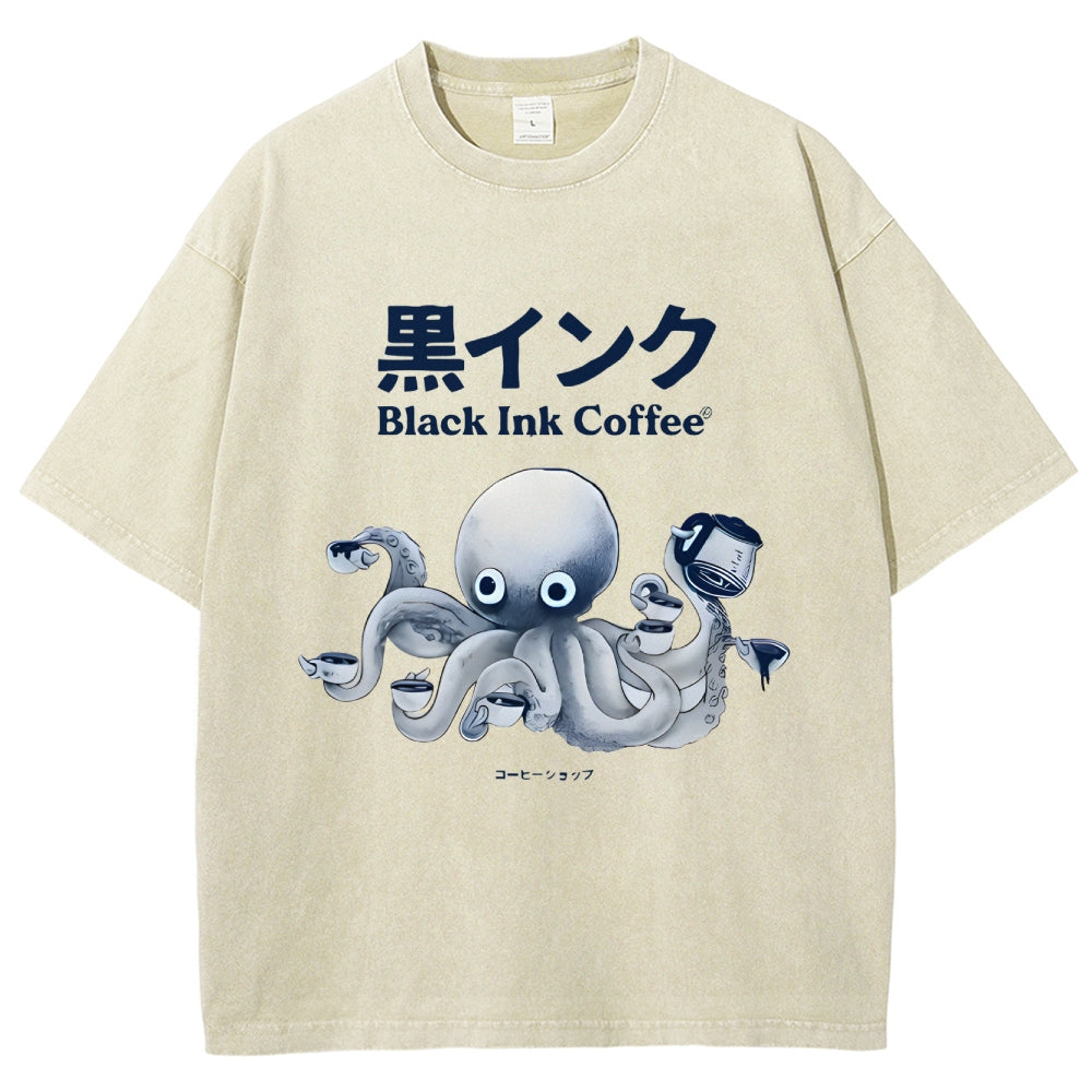 Black Ink Coffee Octopus Japan Vintage Washed T-shirt