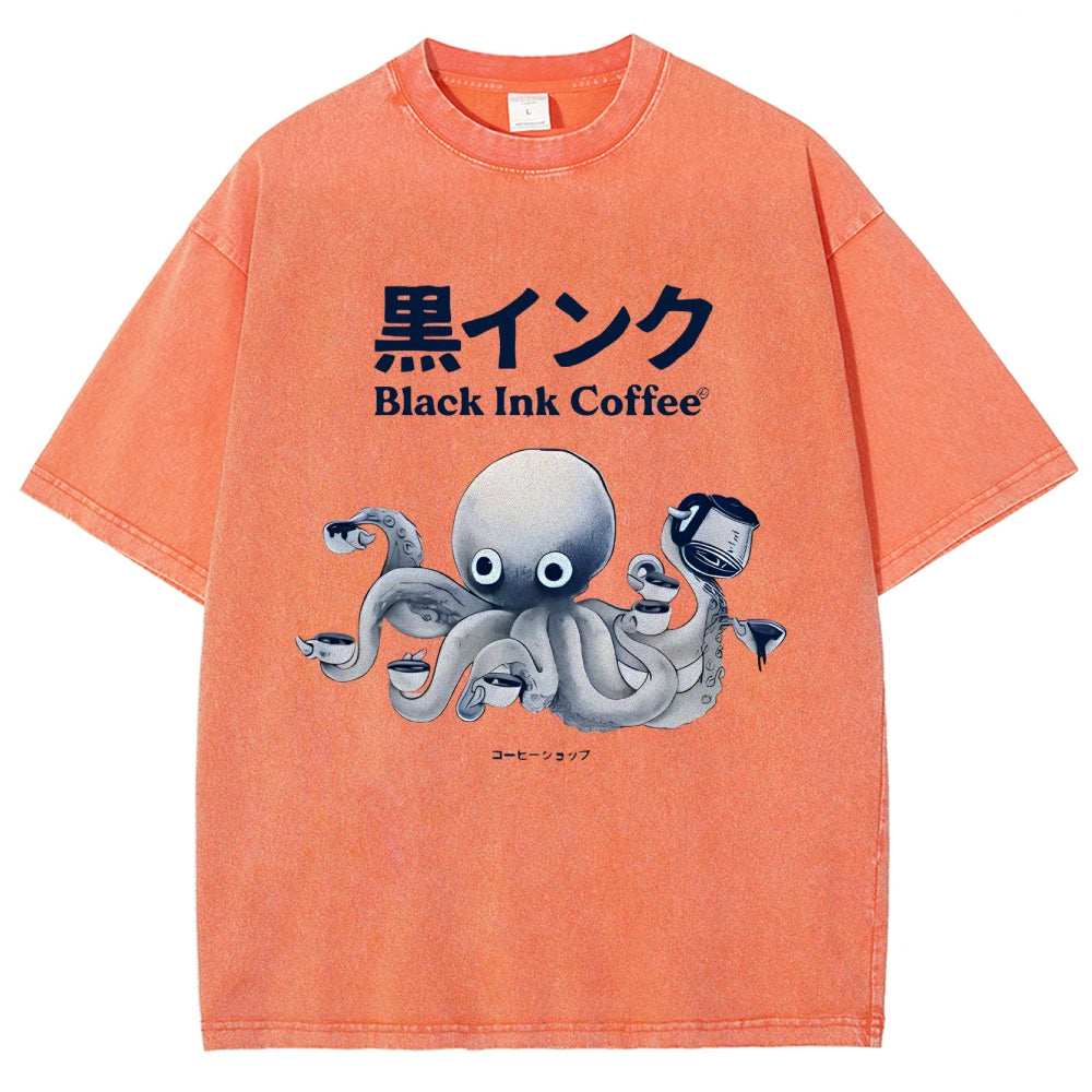 Black Ink Coffee Octopus Japan Vintage Washed T-shirt
