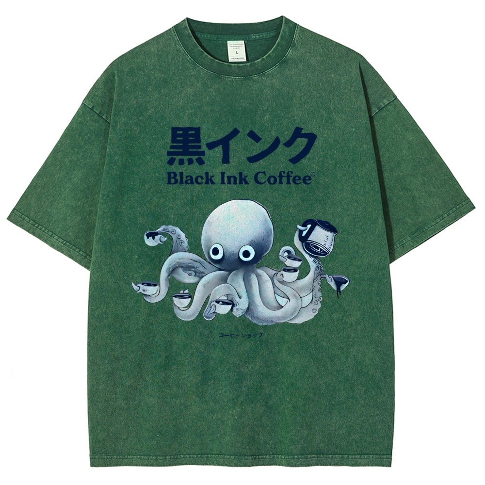 Black Ink Coffee Octopus Japan Vintage Washed T-shirt