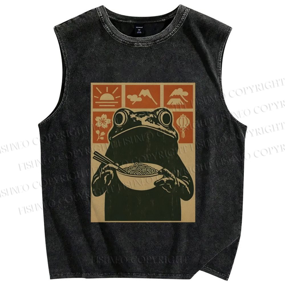 Unisex Ramen Frog Vintage Printed Washed Tank Top