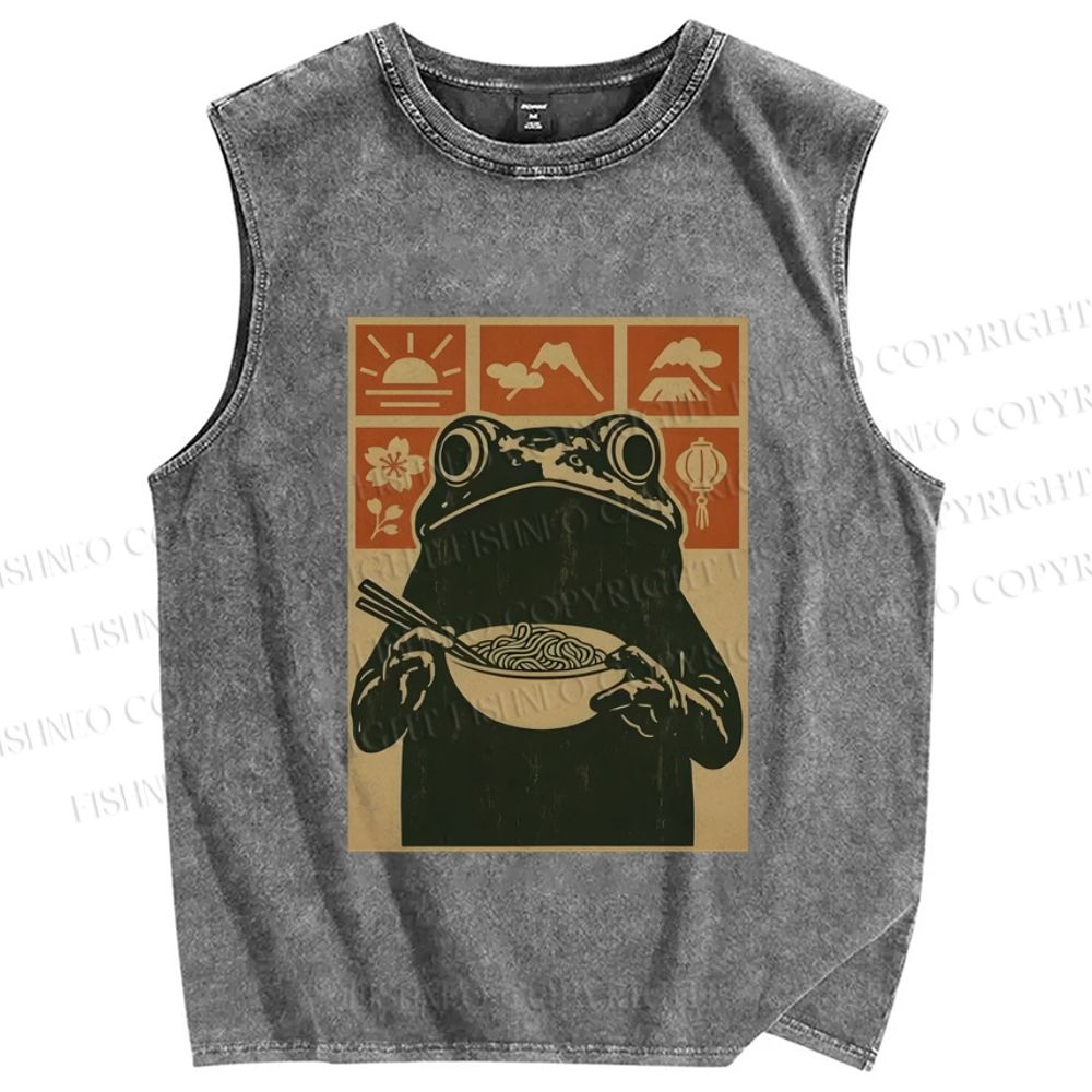 Unisex Ramen Frog Vintage Printed Washed Tank Top
