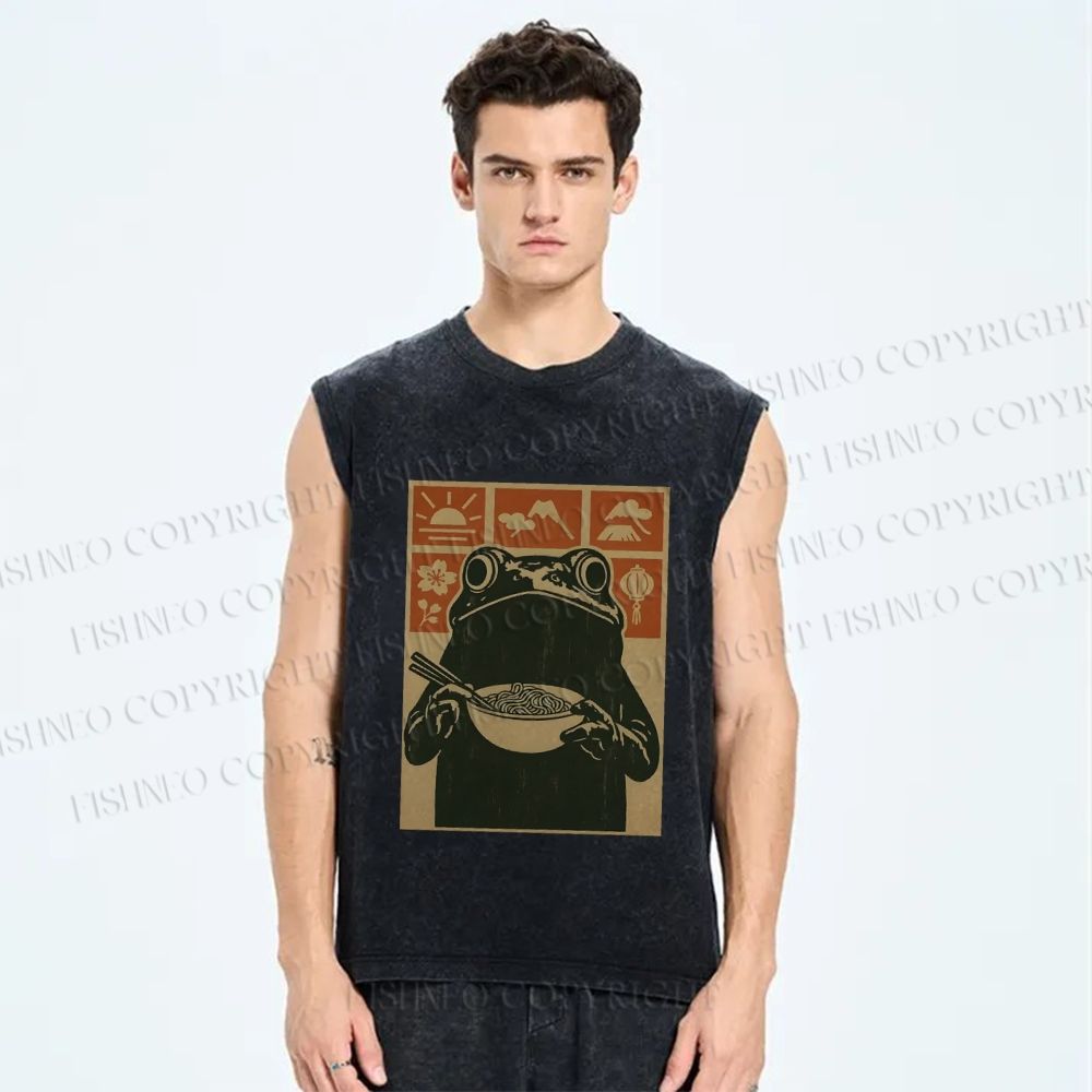 Unisex Ramen Frog Vintage Printed Washed Tank Top