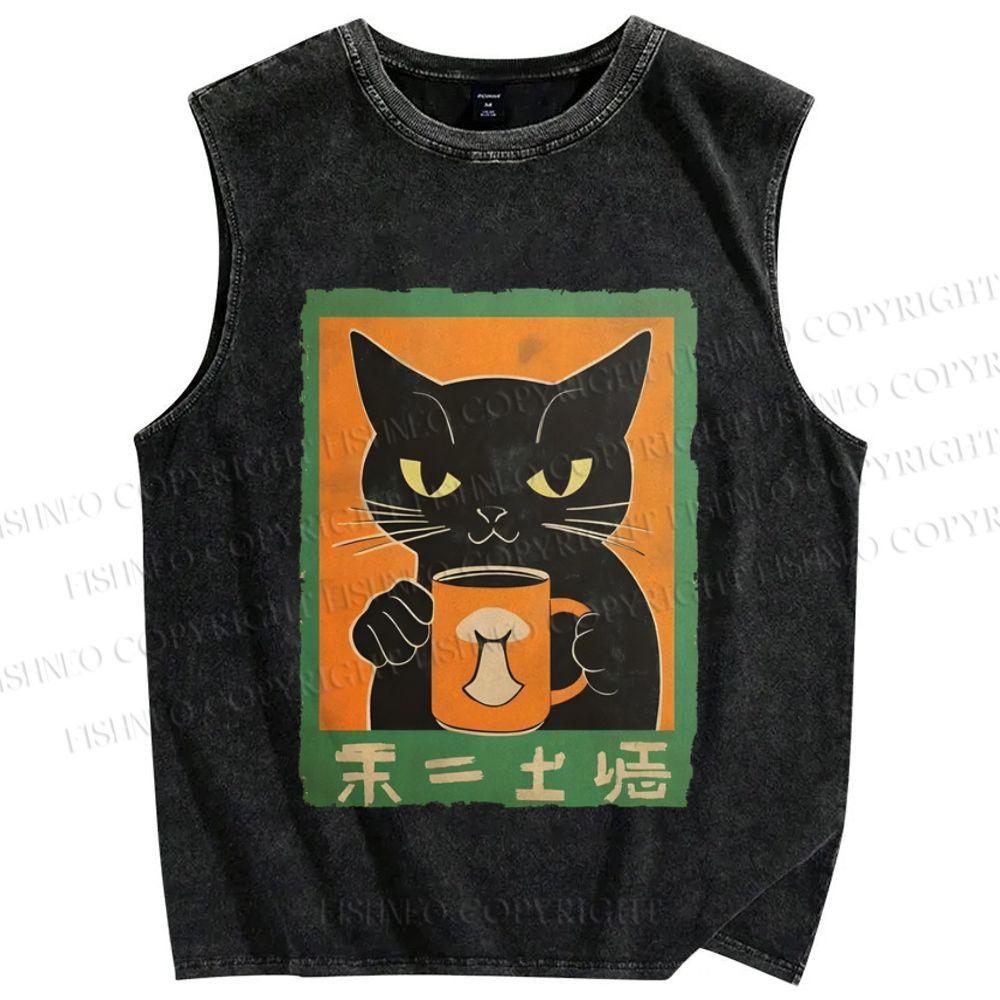 Unisex Black Cat Printed Washed Tank Top