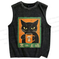 Unisex Black Cat Printed Washed Tank Top