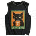 Unisex Black Cat Printed Washed Tank Top