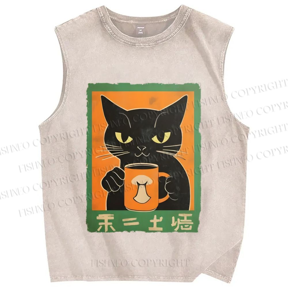 Unisex Black Cat Printed Washed Tank Top