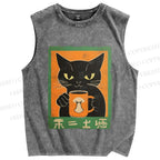Unisex Black Cat Printed Washed Tank Top