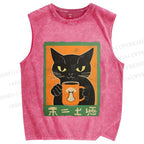 Unisex Black Cat Printed Washed Tank Top