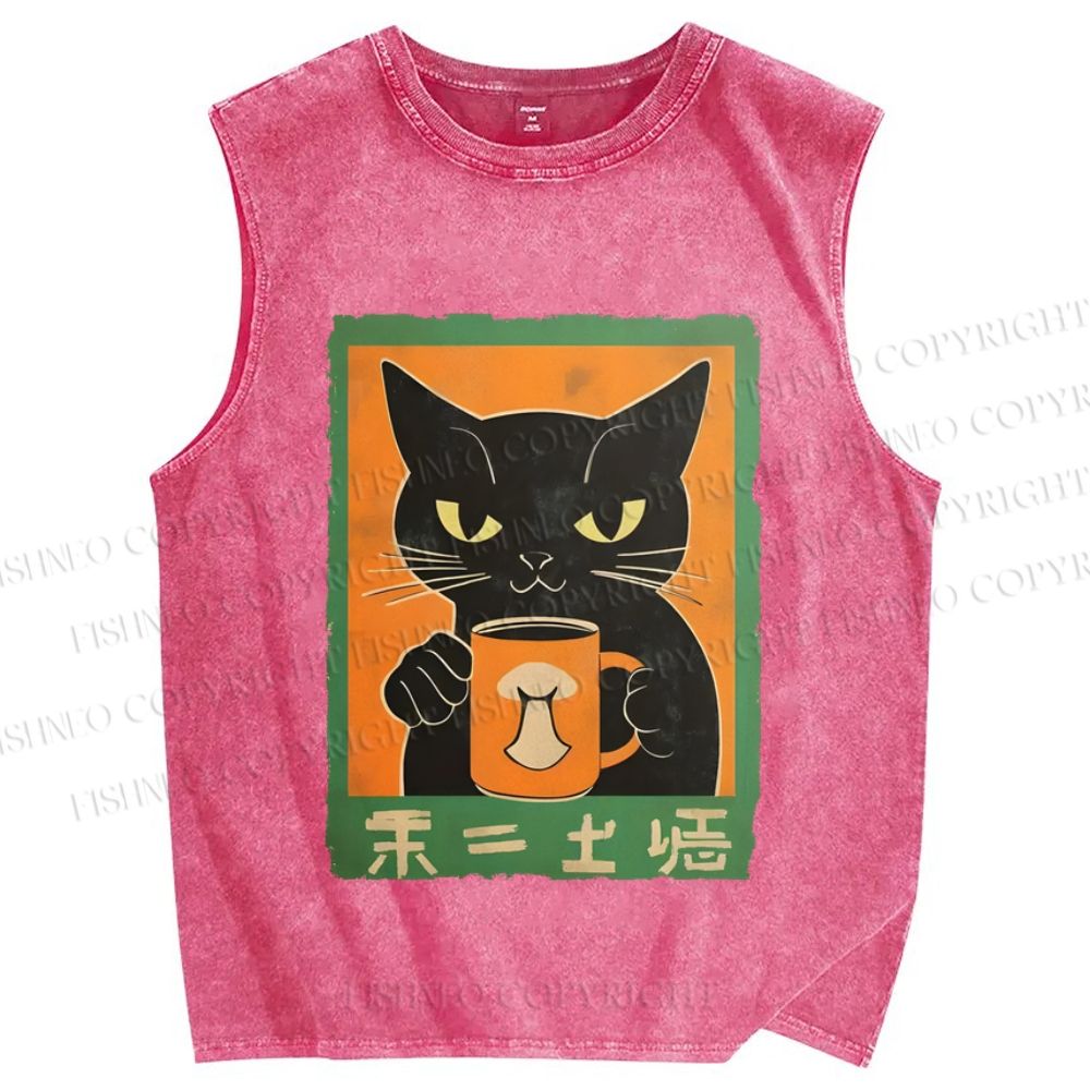 Unisex Black Cat Printed Washed Tank Top