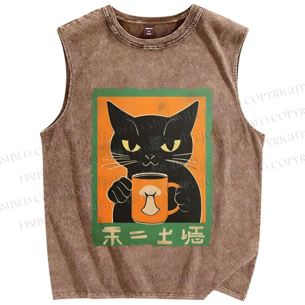 Unisex Black Cat Printed Washed Tank Top