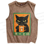 Unisex Black Cat Printed Washed Tank Top